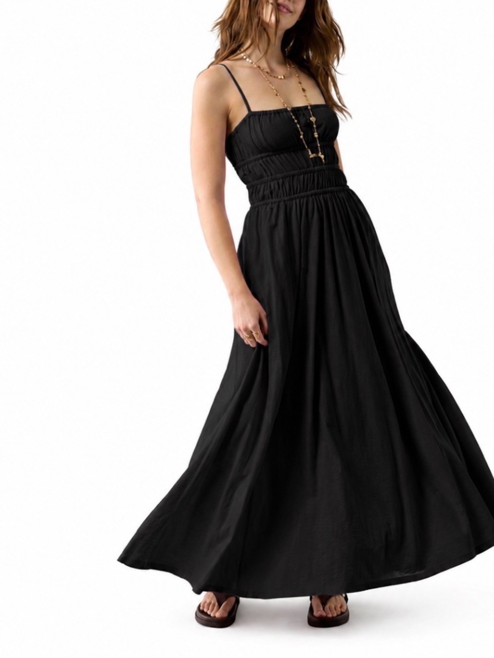 Aerie Black Smocked Maxi Dress with Spaghetti Straps